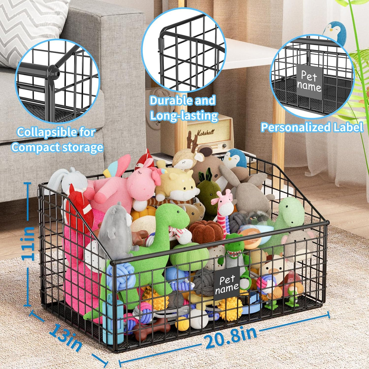 Indestructible Dog Toy Basket, Large Toy Bin for Dogs,Pet Toy Bin Dog Metal Basket Organizer Storage for Toys Food Storage (Black)