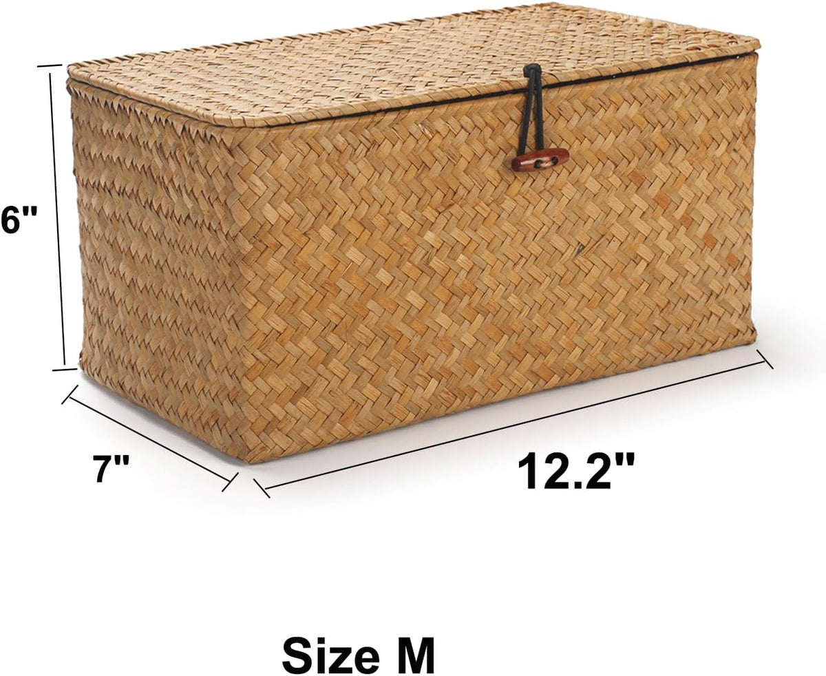 Rectangular Handwoven Seagrass Storage Basket with Lid for Shelves and Home Organizer Bin, (M (12"X7"X6"H), Natural)