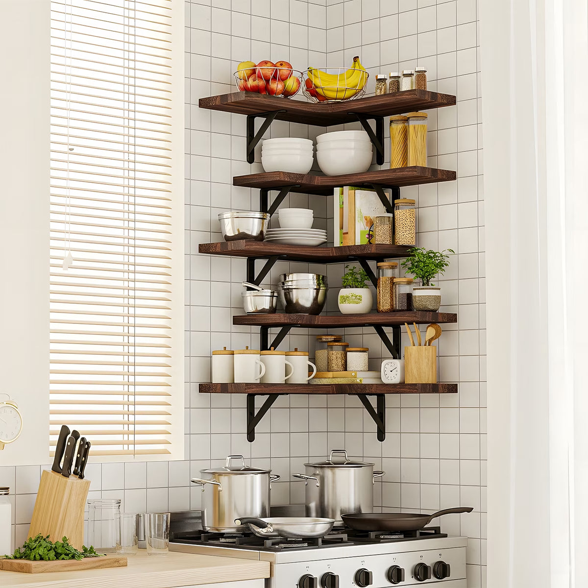 5Pcs Corner Floating Shelves for Wall, Rustic Wood Wall Shelves, 16.1X11.4 Inches, Red Brown