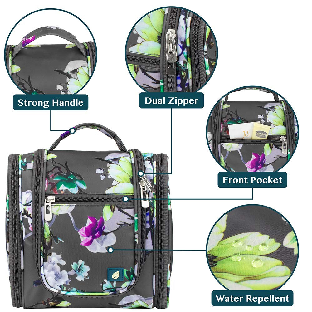 Toiletry Bag Travel Bag for Women Men, Hanging Cosmetic Organizer, Water Resistant Makeup Bag for Accessories Toiletries, Large Travel Essentials Kit (Floral Grey)