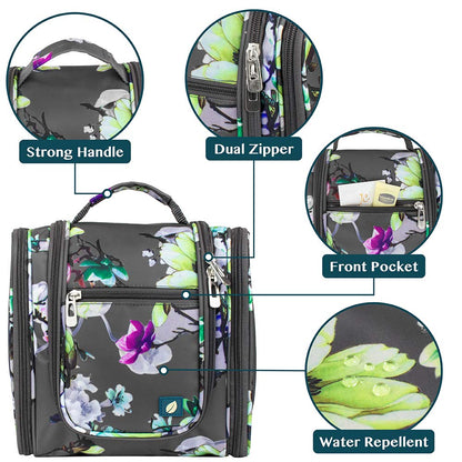 Toiletry Bag Travel Bag for Women Men, Hanging Cosmetic Organizer, Water Resistant Makeup Bag for Accessories Toiletries, Large Travel Essentials Kit (Floral Grey)