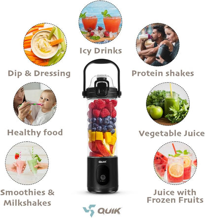 Portable Blender - Cordless 24Oz. Personal Blender for Shakes and Smoothies, Licuadora, BPA Free - Ice Crush, Dishwasher Safe Parts, Waterproof, Triple Batteries, Juicer Cup, Black