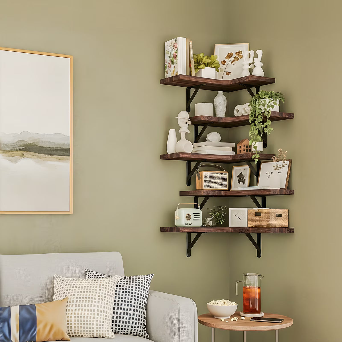 5Pcs Corner Floating Shelves for Wall, Rustic Wood Wall Shelves, 16.1X11.4 Inches, Red Brown