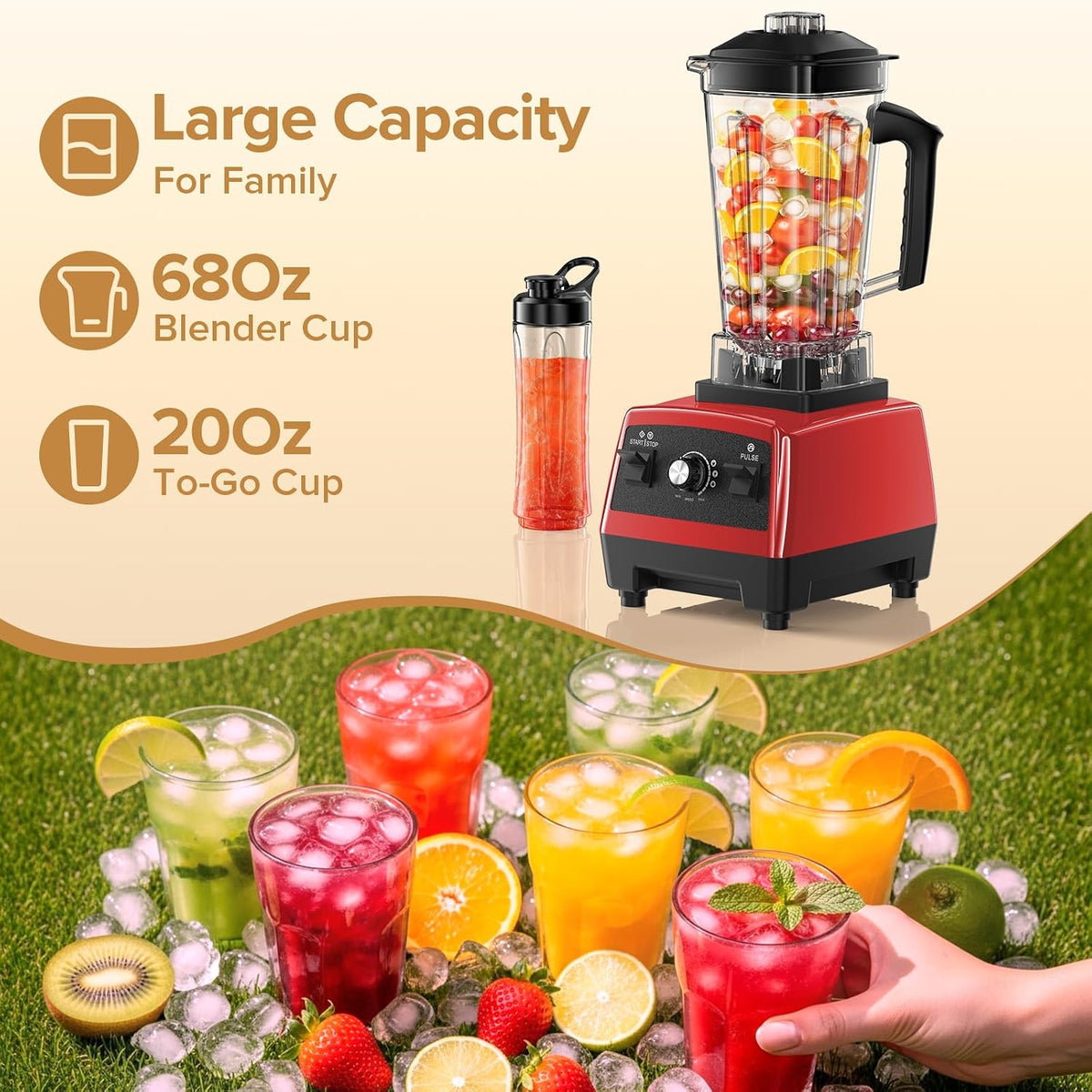 Blenders for Kitchen, 1800W High Speed Smoothie Maker with 68Oz Large Pitcher, 20Oz Travel Cup, Pulse Self-Cleaning & Overheat Protection, Red