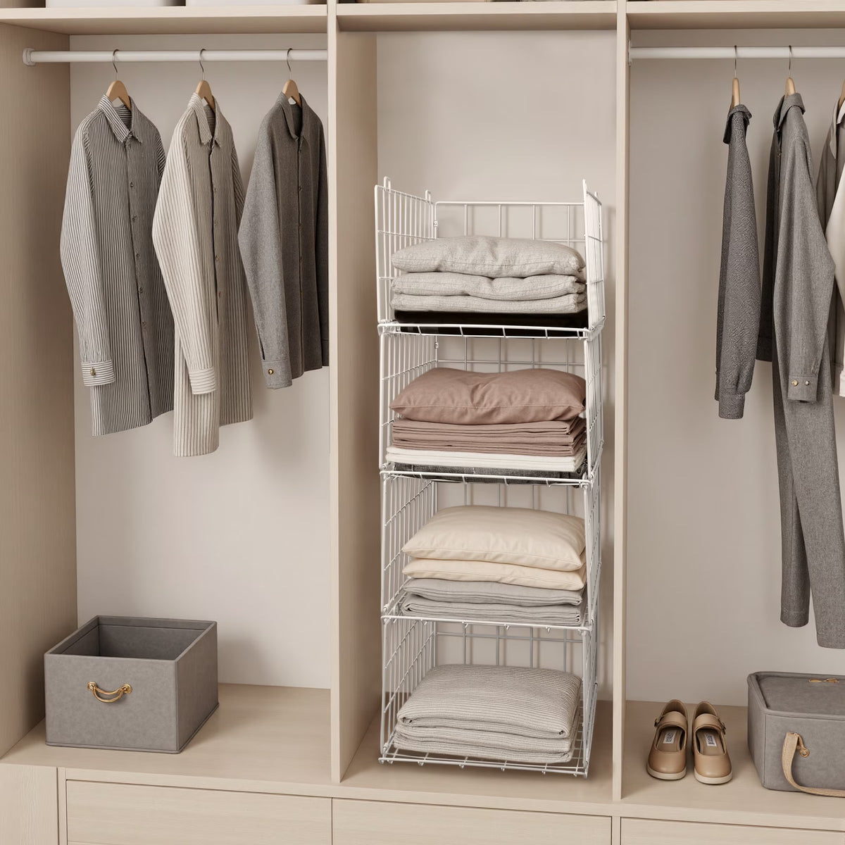 4-Tier Stackable Closet Organizer, Foldable Metal Wire Storage Basket, White
