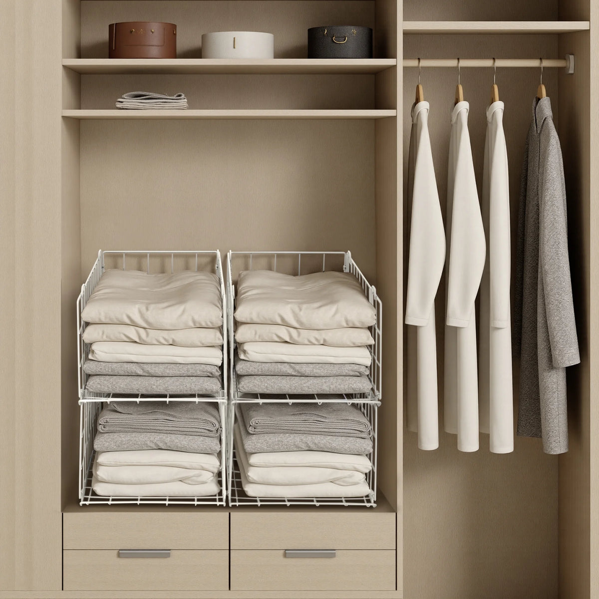 4-Tier Stackable Closet Organizer, Foldable Metal Wire Storage Basket, White