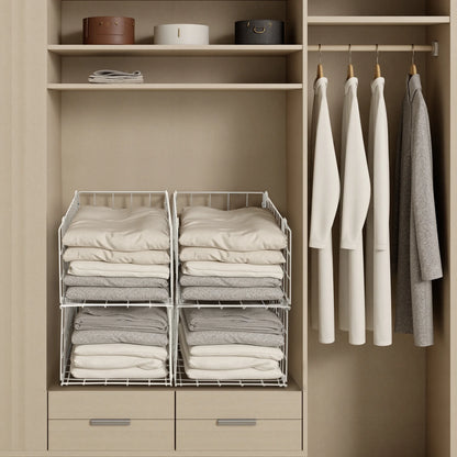 4-Tier Stackable Closet Organizer, Foldable Metal Wire Storage Basket, White