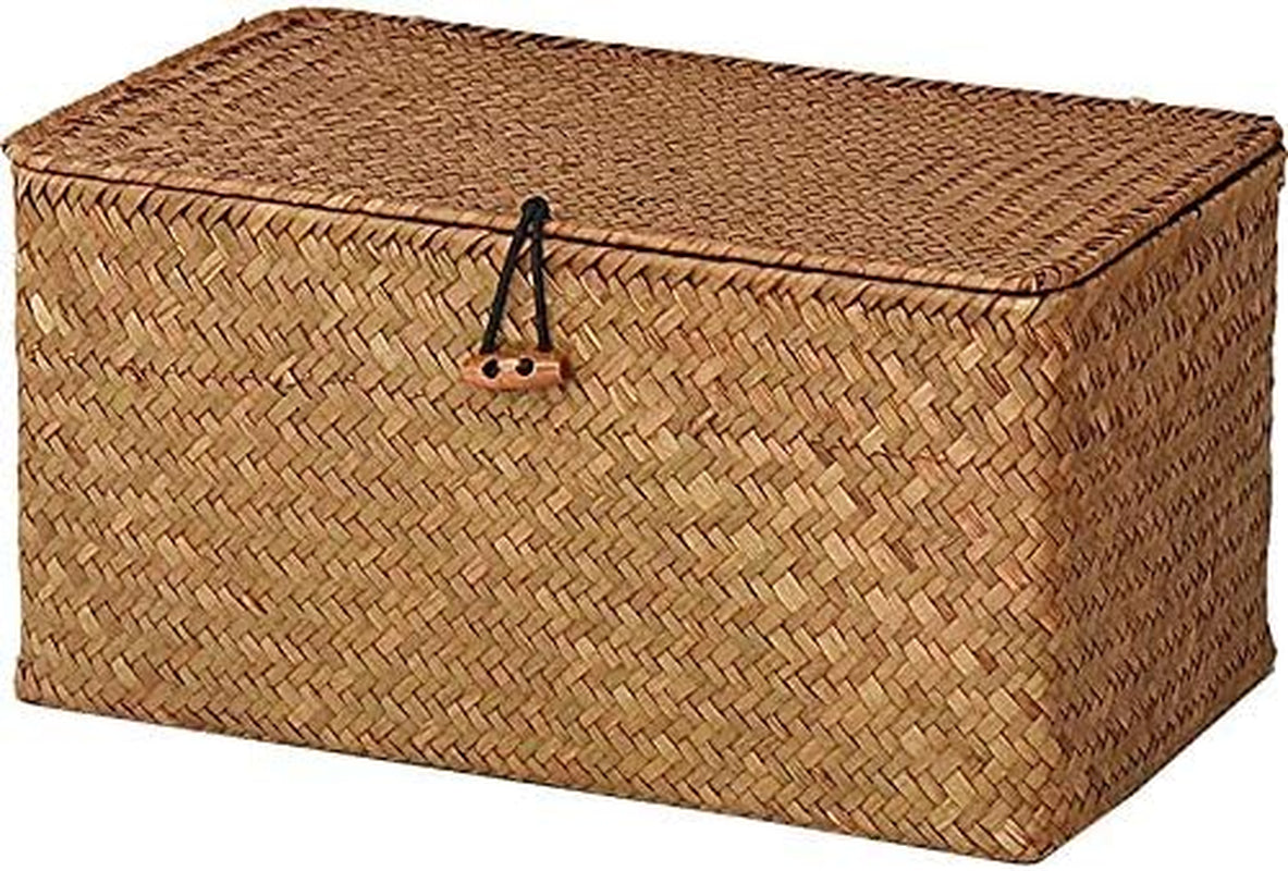 Rectangular Handwoven Seagrass Storage Basket with Lid for Shelves and Home Organizer Bin, (M (12"X7"X6"H), Natural)