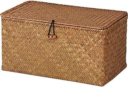 Rectangular Handwoven Seagrass Storage Basket with Lid for Shelves and Home Organizer Bin, (M (12"X7"X6"H), Natural)