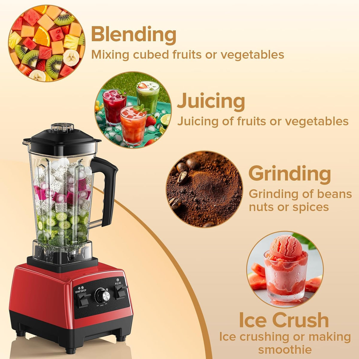 Blenders for Kitchen, 1800W High Speed Smoothie Maker with 68Oz Large Pitcher, 20Oz Travel Cup, Pulse Self-Cleaning & Overheat Protection, Red