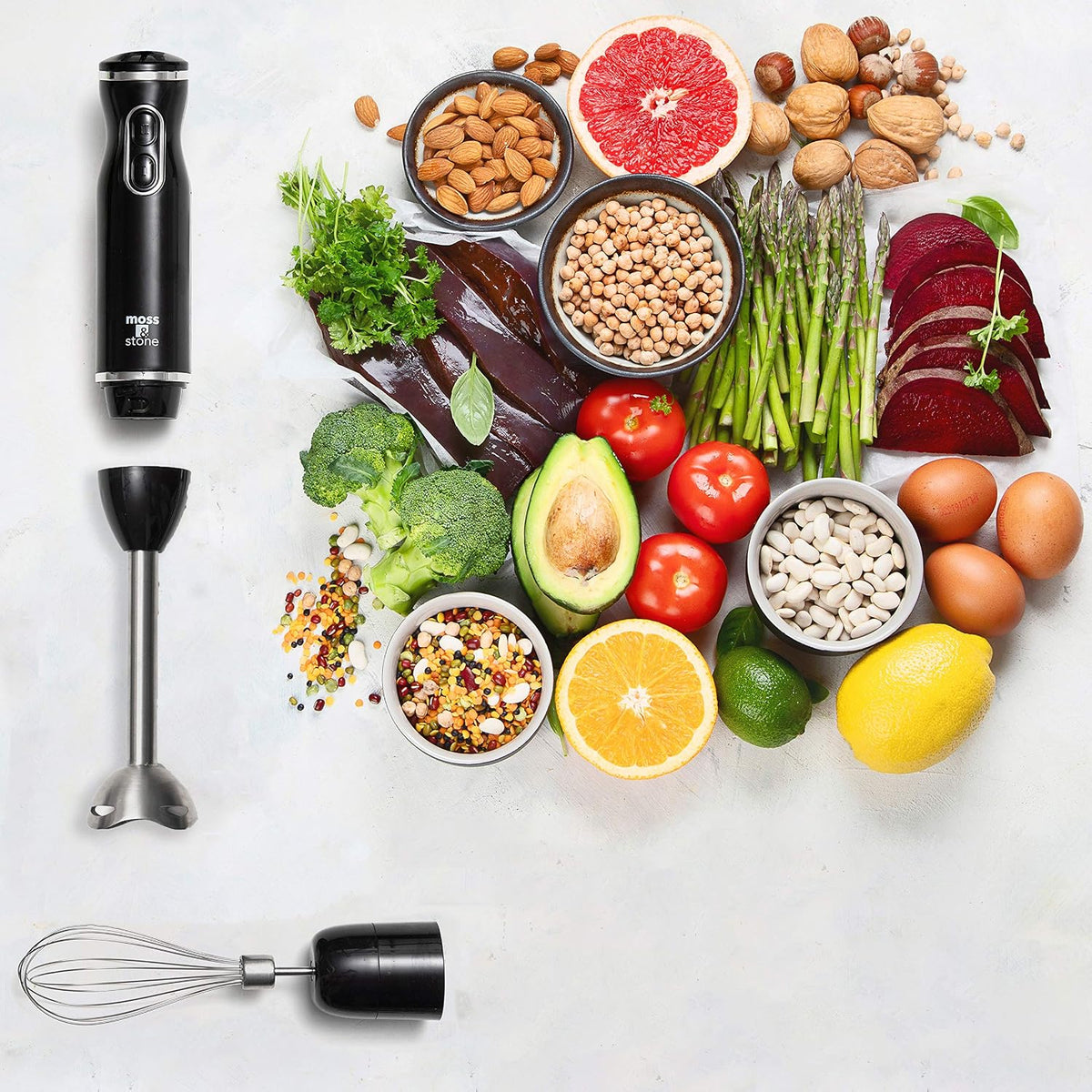 Hand Blender with Egg Whisk, Powerful 300-Watt Stick Blender, Hand Mixer Set Stainless Steel Shaft & Blades, Black Handheld Blender with Ergonomic Handle (Without Chopper)