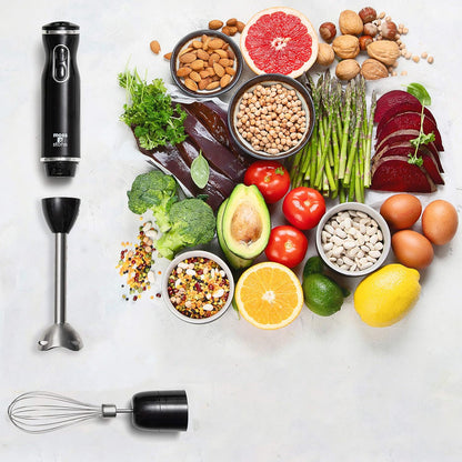 Hand Blender with Egg Whisk, Powerful 300-Watt Stick Blender, Hand Mixer Set Stainless Steel Shaft & Blades, Black Handheld Blender with Ergonomic Handle (Without Chopper)