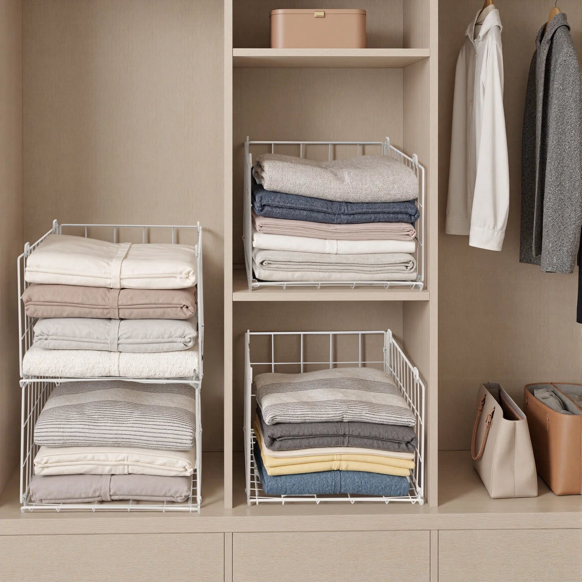 4-Tier Stackable Closet Organizer, Foldable Metal Wire Storage Basket, White
