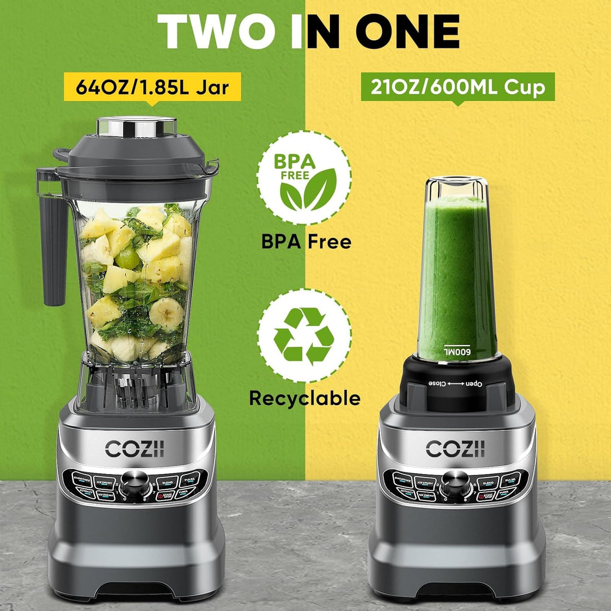 Professional Blender 2000W, 64Oz Countertop Smoothie Blender-21Oz Cup