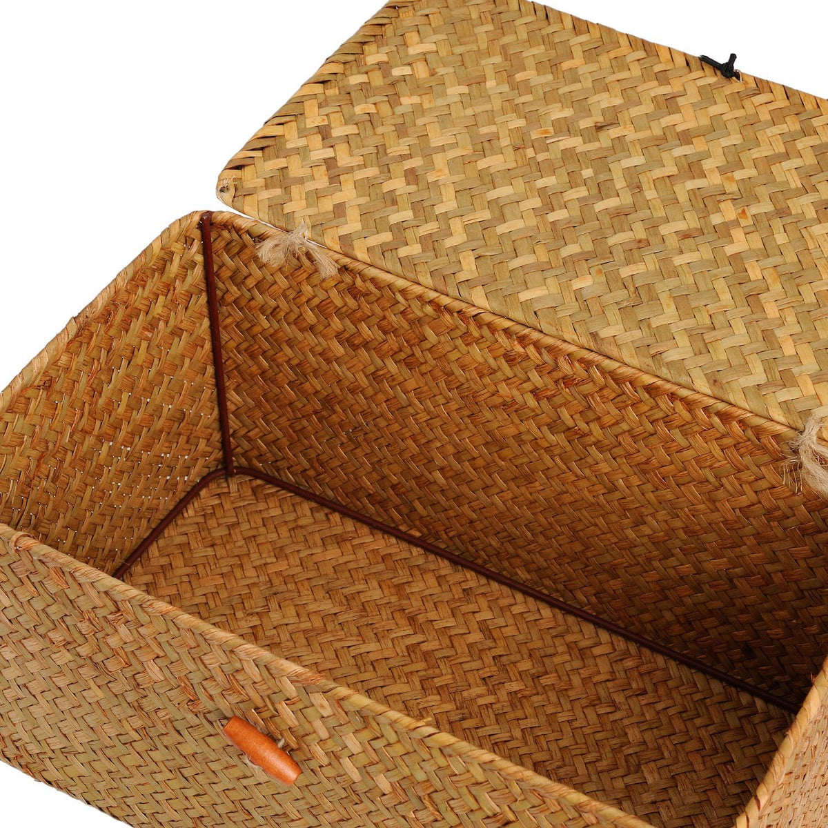 Rectangular Handwoven Seagrass Storage Basket with Lid for Shelves and Home Organizer Bin, (M (12"X7"X6"H), Natural)