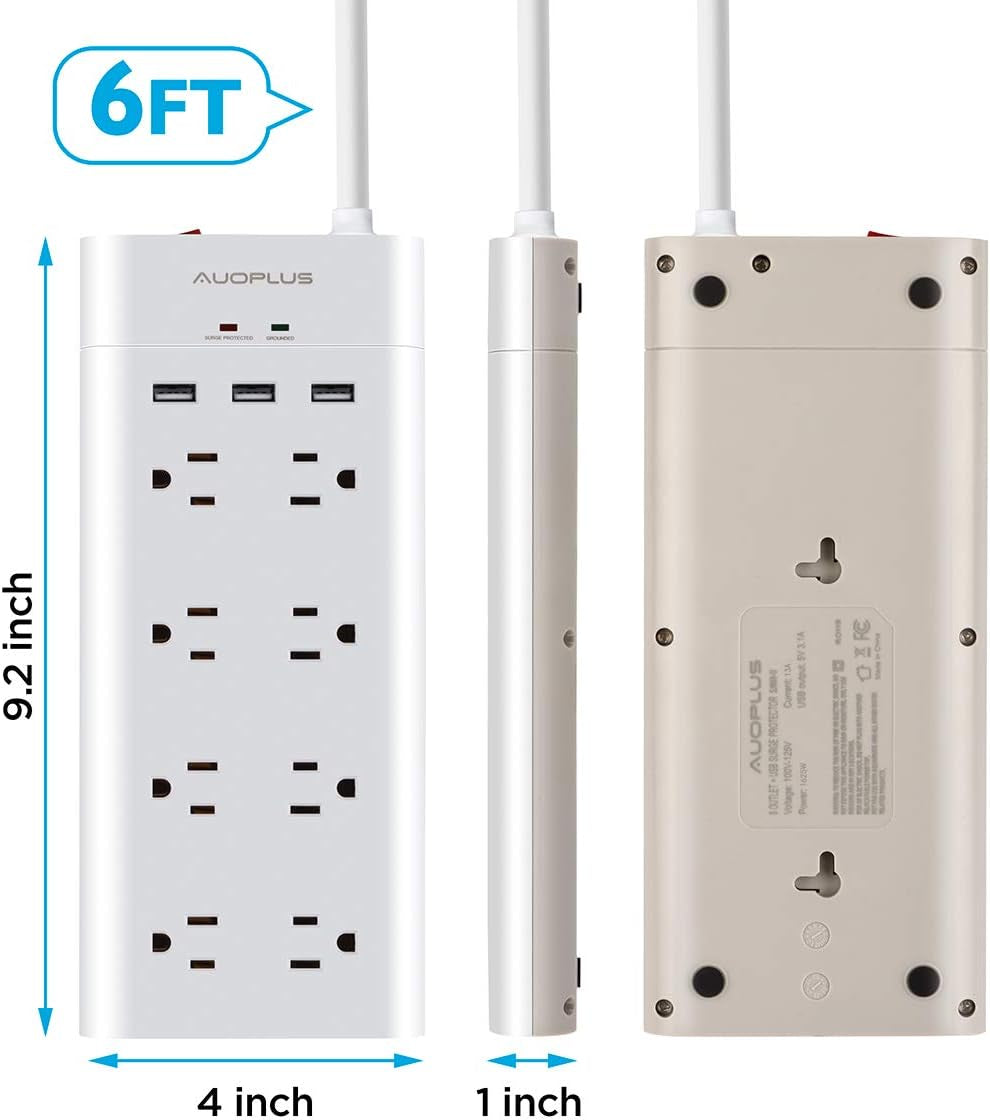Power Strip with USB,  Surge Protector with 8 Outlets and 3 USB Ports, 6Ft Extension Cord Power Strips Flat Plug