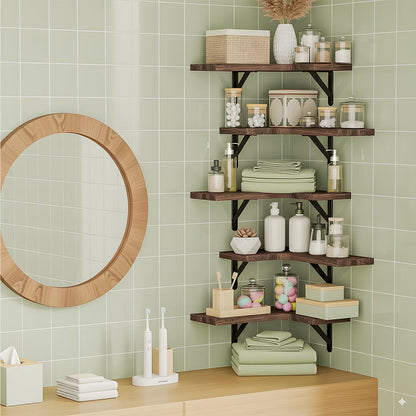 5Pcs Corner Floating Shelves for Wall, Rustic Wood Wall Shelves, 16.1X11.4 Inches, Red Brown