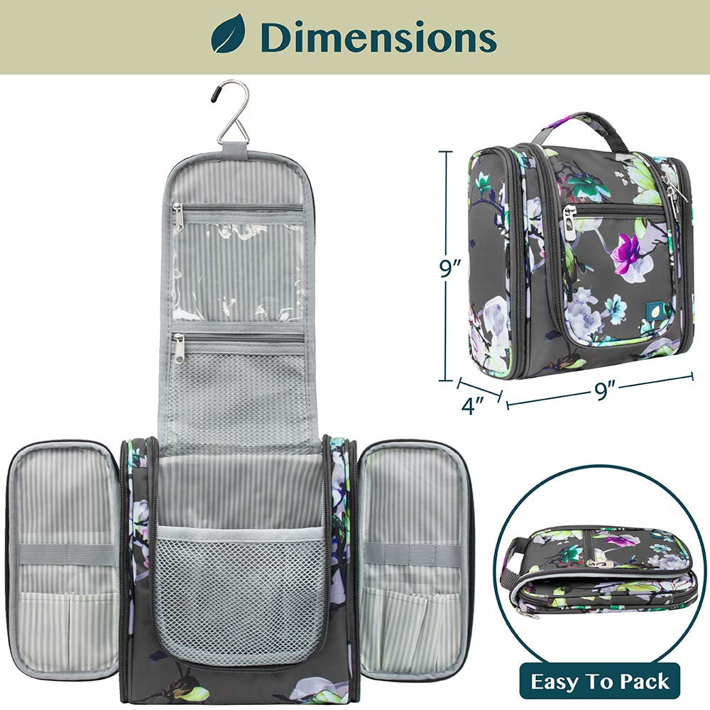 Toiletry Bag Travel Bag for Women Men, Hanging Cosmetic Organizer, Water Resistant Makeup Bag for Accessories Toiletries, Large Travel Essentials Kit (Floral Grey)