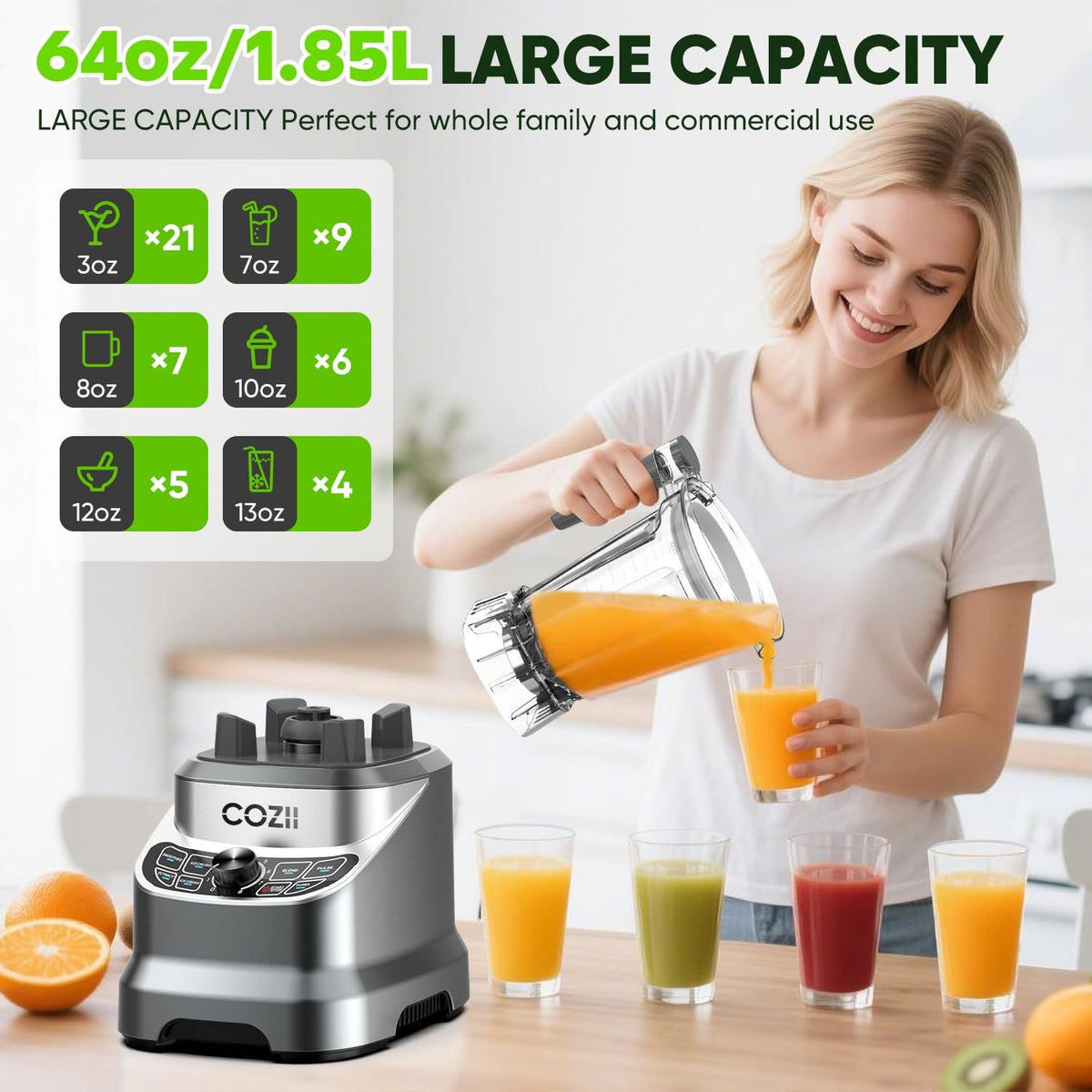 Professional Blender 2000W, 64Oz Countertop Smoothie Blender-21Oz Cup