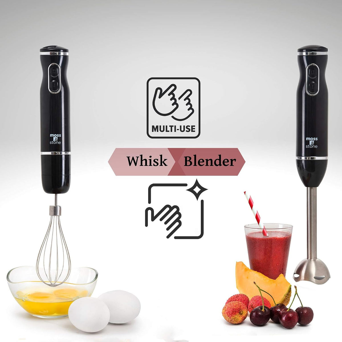 Hand Blender with Egg Whisk, Powerful 300-Watt Stick Blender, Hand Mixer Set Stainless Steel Shaft & Blades, Black Handheld Blender with Ergonomic Handle (Without Chopper)