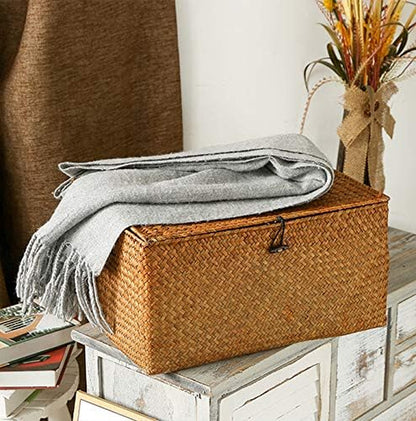 Rectangular Handwoven Seagrass Storage Basket with Lid for Shelves and Home Organizer Bin, (M (12"X7"X6"H), Natural)