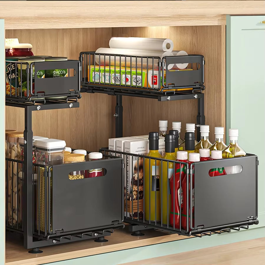 Pull-Out under Sink Organizer, 2-Tier Adjustable Height Sliding Shelf for Kitchen/Bathroom Cabinet Storage, Black & White