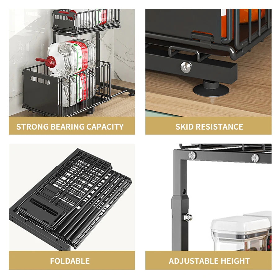 Pull-Out under Sink Organizer, 2-Tier Adjustable Height Sliding Shelf for Kitchen/Bathroom Cabinet Storage, Black & White