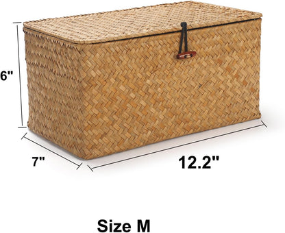 Rectangular Handwoven Seagrass Storage Basket with Lid for Shelves and Home Organizer Bin, (M (12"X7"X6"H), Natural)