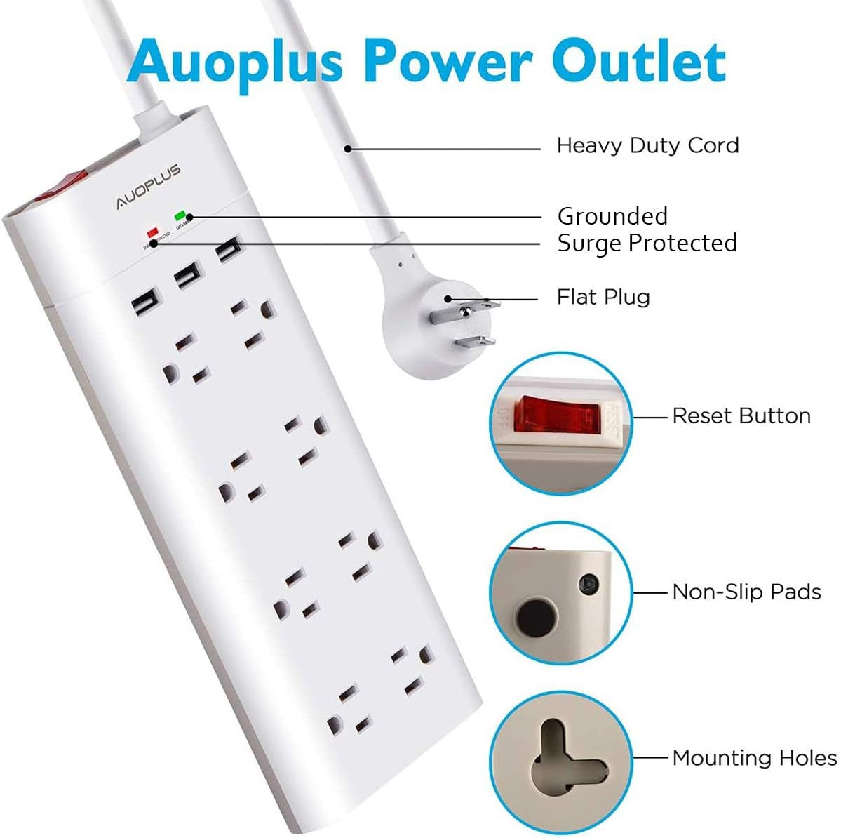 Power Strip with USB,  Surge Protector with 8 Outlets and 3 USB Ports, 6Ft Extension Cord Power Strips Flat Plug