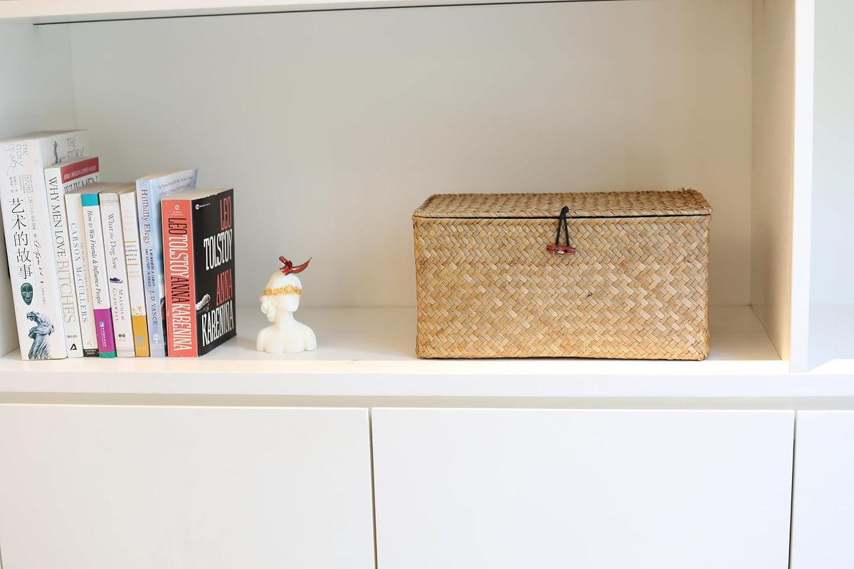 Rectangular Handwoven Seagrass Storage Basket with Lid for Shelves and Home Organizer Bin, (M (12"X7"X6"H), Natural)