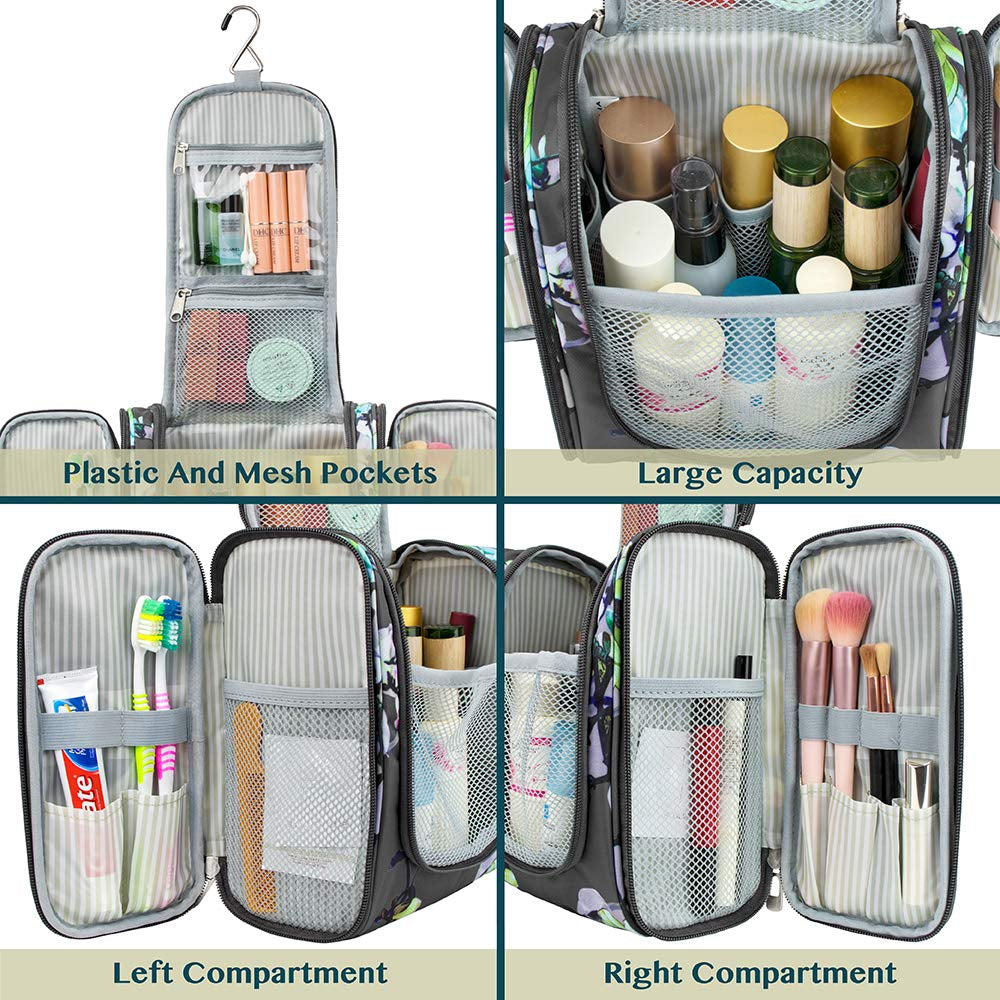 Toiletry Bag Travel Bag for Women Men, Hanging Cosmetic Organizer, Water Resistant Makeup Bag for Accessories Toiletries, Large Travel Essentials Kit (Floral Grey)