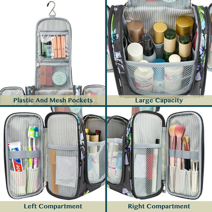 Toiletry Bag Travel Bag for Women Men, Hanging Cosmetic Organizer, Water Resistant Makeup Bag for Accessories Toiletries, Large Travel Essentials Kit (Floral Grey)