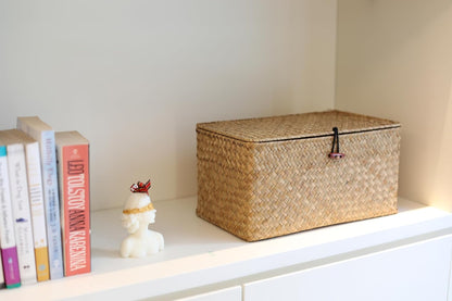 Rectangular Handwoven Seagrass Storage Basket with Lid for Shelves and Home Organizer Bin, (M (12"X7"X6"H), Natural)