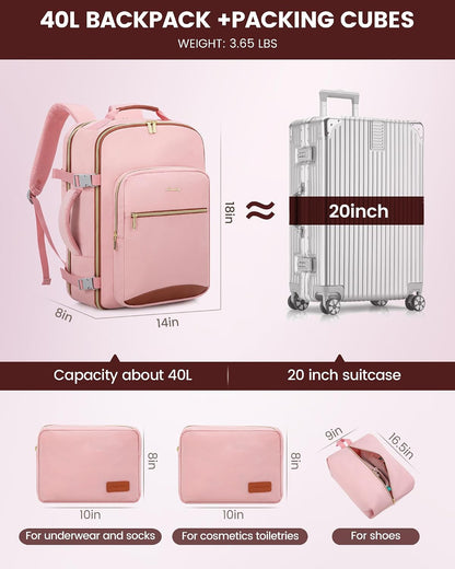 40L Travel Backpack Flight Approved Carry on Backpack,3 Packing Cubes,Waterproof Personal Item Travel Bag,Tsa Carry on Luggage Suitcase Travel Essentials,Gifts for Women & Men,Fits 17" Laptop
