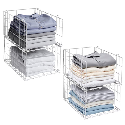4-Tier Stackable Closet Organizer, Foldable Metal Wire Storage Basket, White
