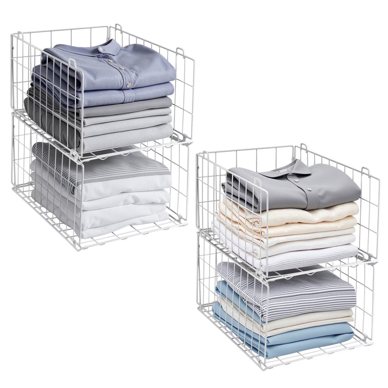 4-Tier Stackable Closet Organizer, Foldable Metal Wire Storage Basket, White