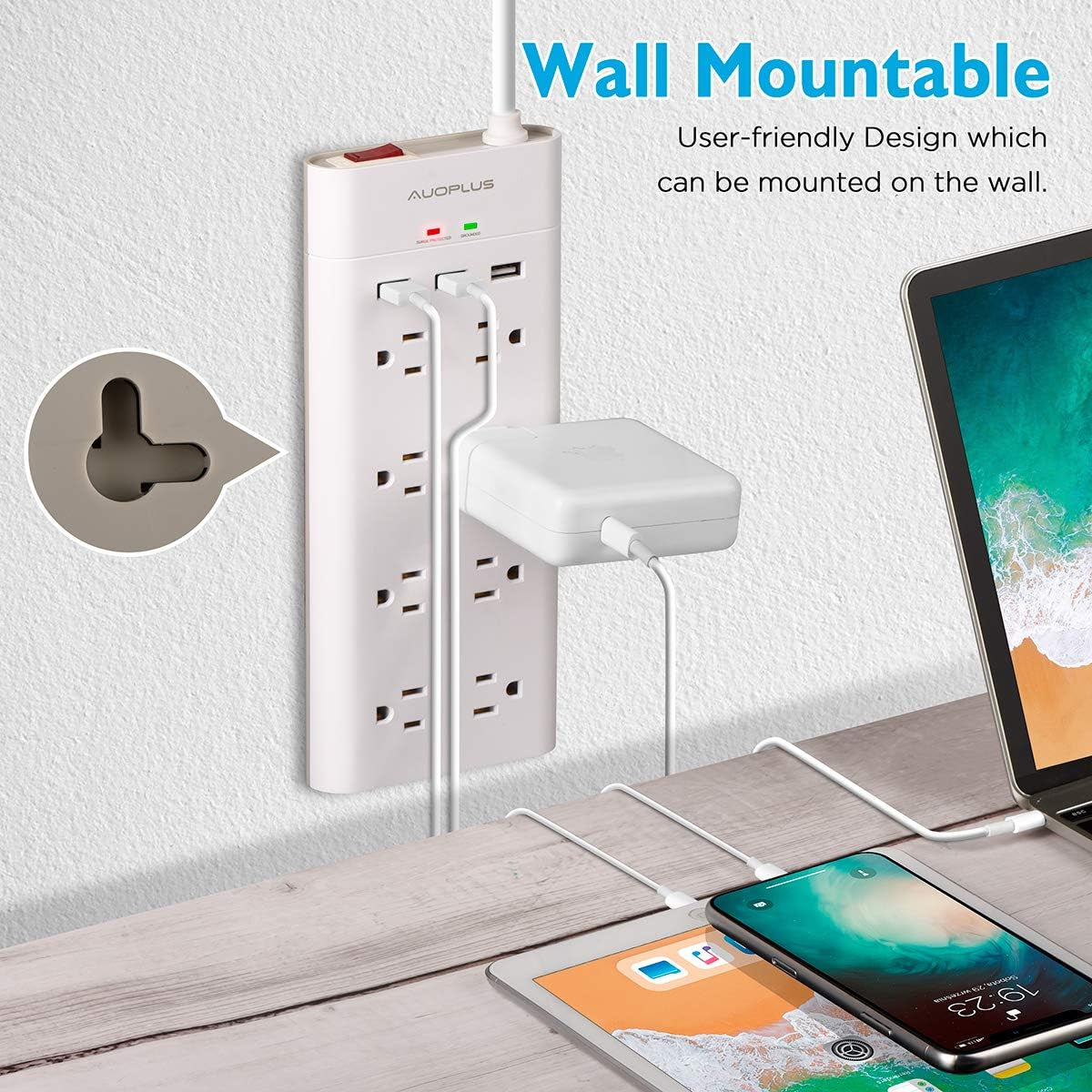 Power Strip with USB,  Surge Protector with 8 Outlets and 3 USB Ports, 6Ft Extension Cord Power Strips Flat Plug