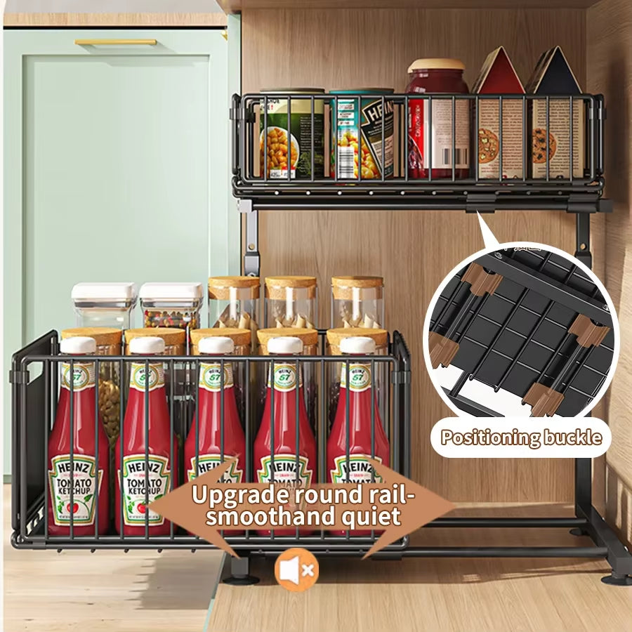 Pull-Out under Sink Organizer, 2-Tier Adjustable Height Sliding Shelf for Kitchen/Bathroom Cabinet Storage, Black & White