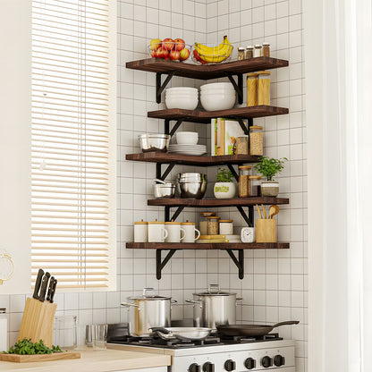5Pcs Corner Floating Shelves for Wall, Rustic Wood Wall Shelves, 16.1X11.4 Inches, Red Brown