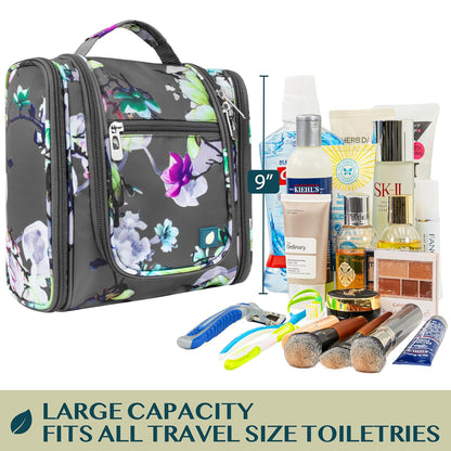 Toiletry Bag Travel Bag for Women Men, Hanging Cosmetic Organizer, Water Resistant Makeup Bag for Accessories Toiletries, Large Travel Essentials Kit (Floral Grey)