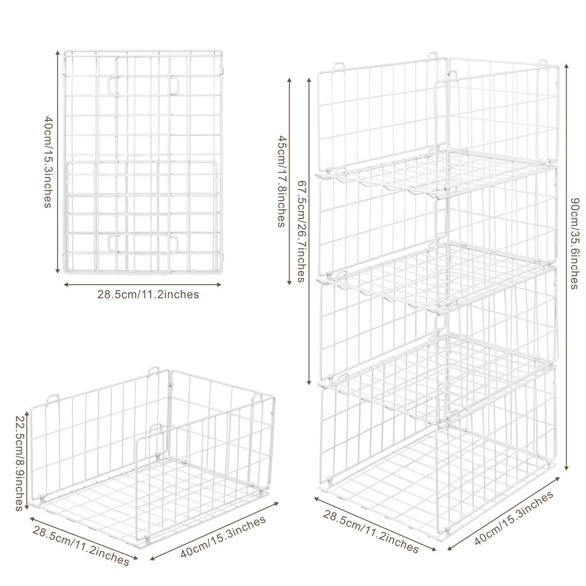 4-Tier Stackable Closet Organizer, Foldable Metal Wire Storage Basket, White