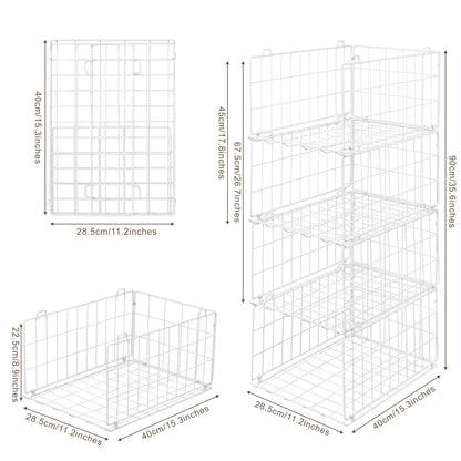 4-Tier Stackable Closet Organizer, Foldable Metal Wire Storage Basket, White