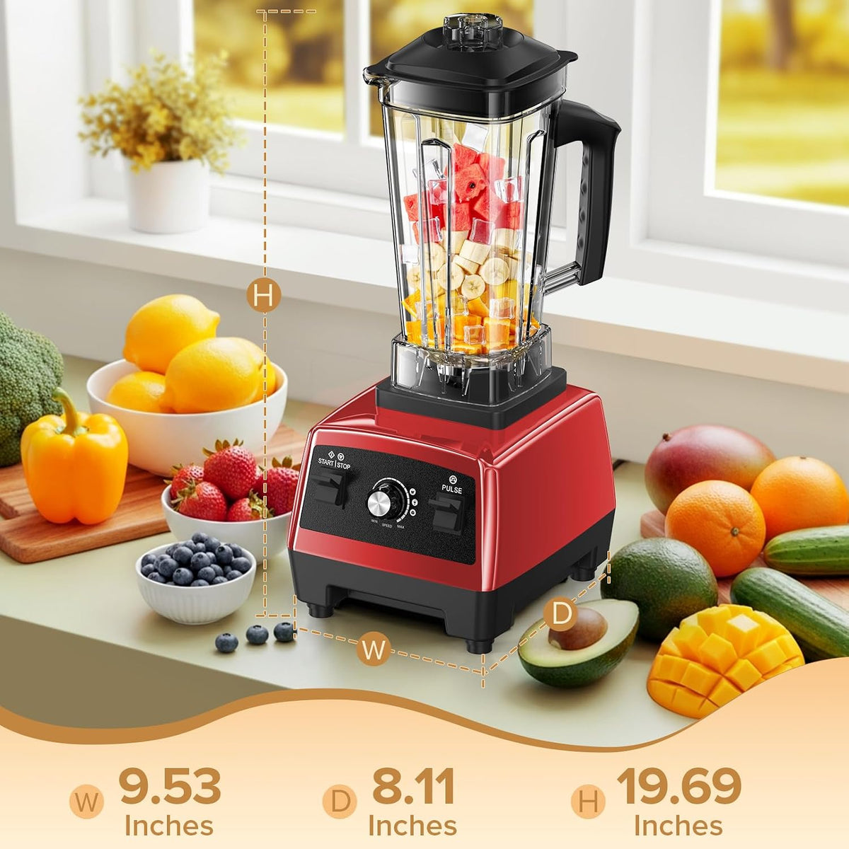 Blenders for Kitchen, 1800W High Speed Smoothie Maker with 68Oz Large Pitcher, 20Oz Travel Cup, Pulse Self-Cleaning & Overheat Protection, Red