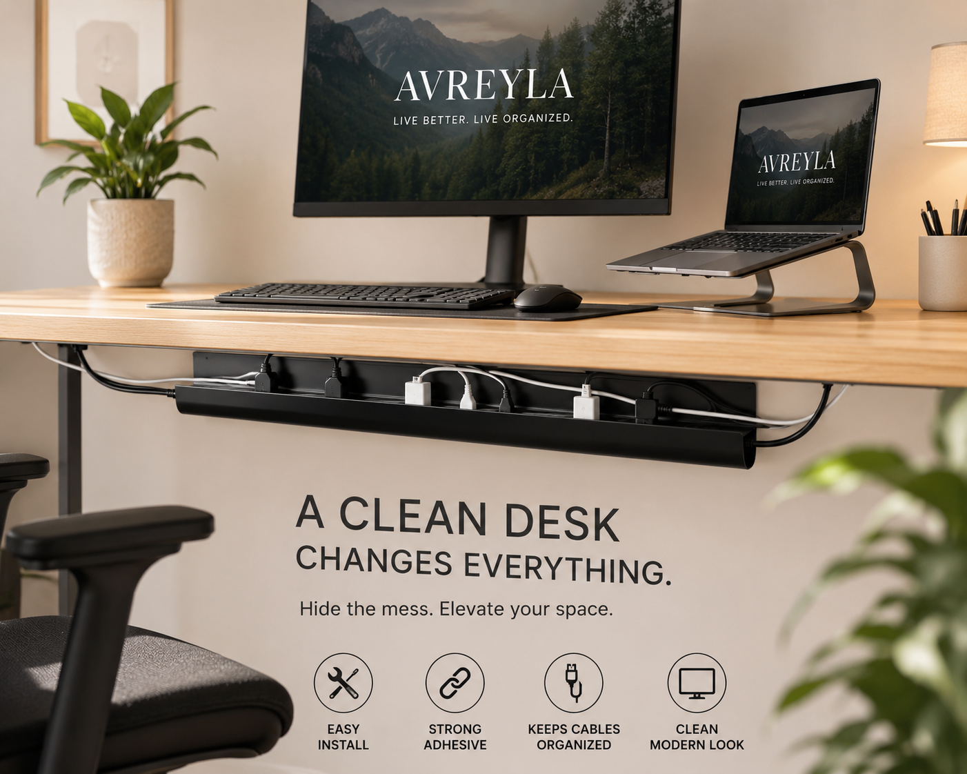Under Desk Cable Management Raceway – Self-Adhesive Cord Organizer