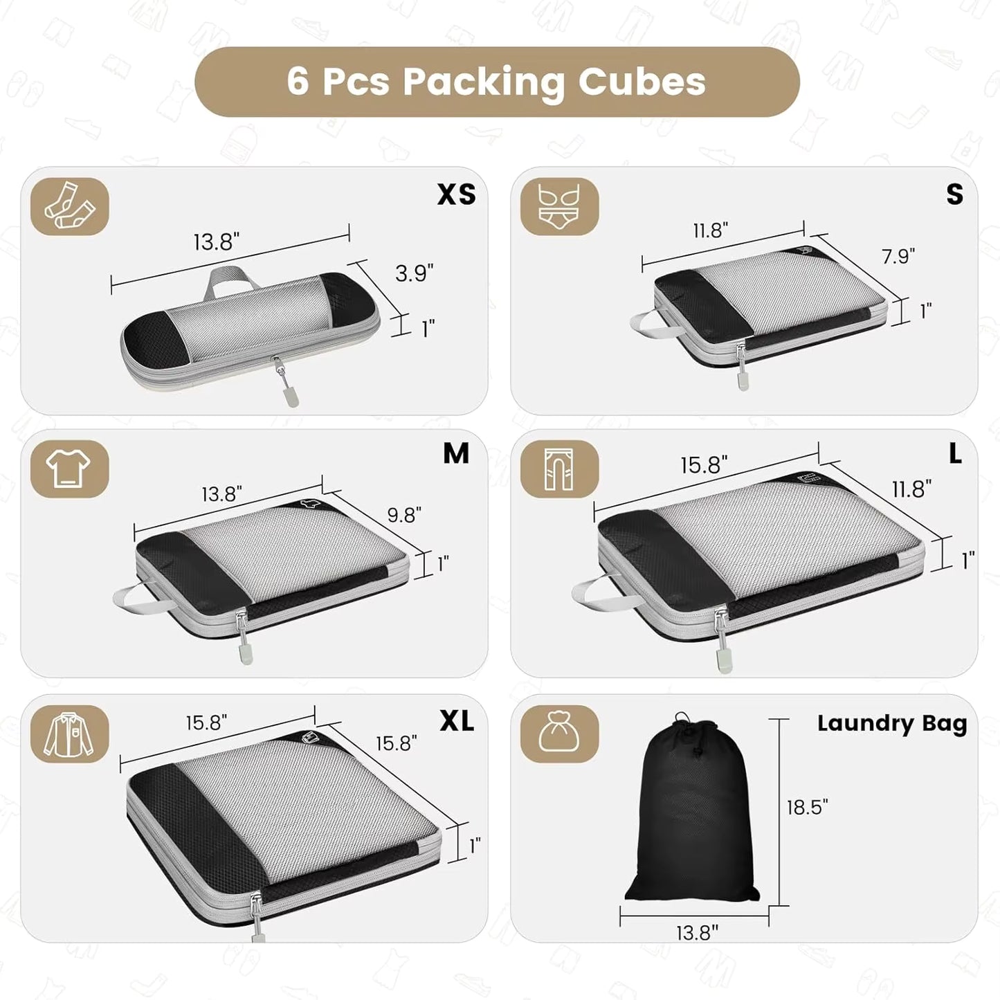 Compression Packing Cubes for Travel – 6-Piece Expandable Set