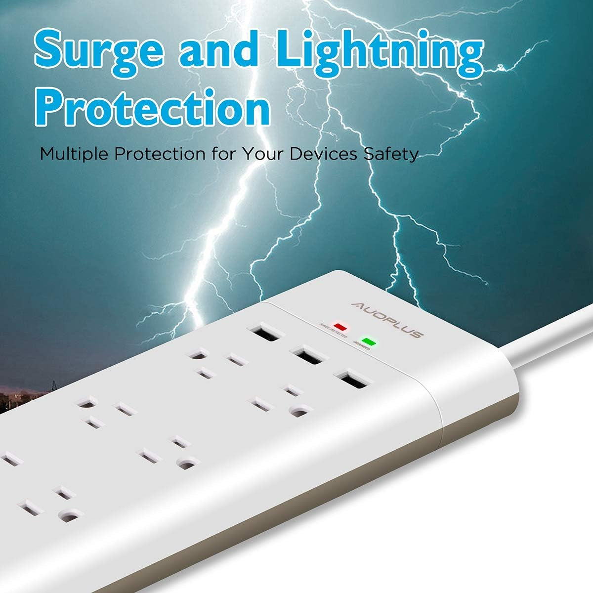 Power Strip with USB,  Surge Protector with 8 Outlets and 3 USB Ports, 6Ft Extension Cord Power Strips Flat Plug