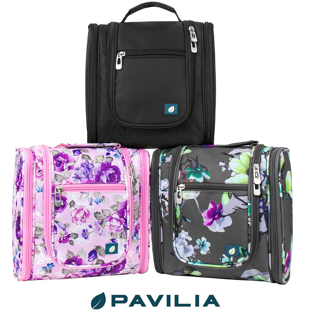 Toiletry Bag Travel Bag for Women Men, Hanging Cosmetic Organizer, Water Resistant Makeup Bag for Accessories Toiletries, Large Travel Essentials Kit (Floral Grey)