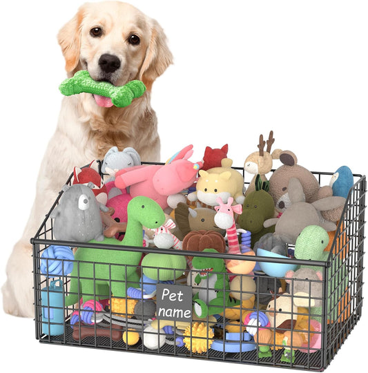Indestructible Dog Toy Basket, Large Toy Bin for Dogs,Pet Toy Bin Dog Metal Basket Organizer Storage for Toys Food Storage (Black)