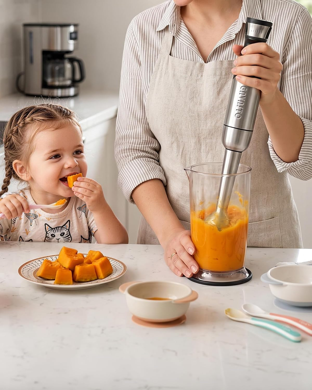 Smart Immersion Blender, Hand Blender with Variable Telescopic Blending Rod & Stepless Speed Control, Powerful Handheld Blender with Smart Overload Protection for Smoothies, Puree, Baby Food