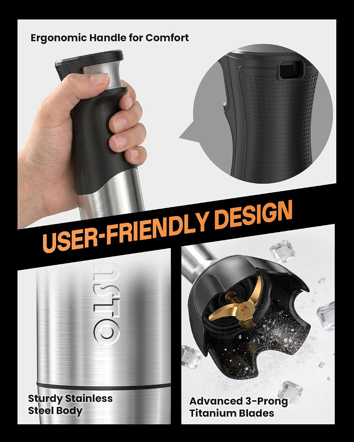 Smart Immersion Blender, Hand Blender with Variable Telescopic Blending Rod & Stepless Speed Control, Powerful Handheld Blender with Smart Overload Protection for Smoothies, Puree, Baby Food